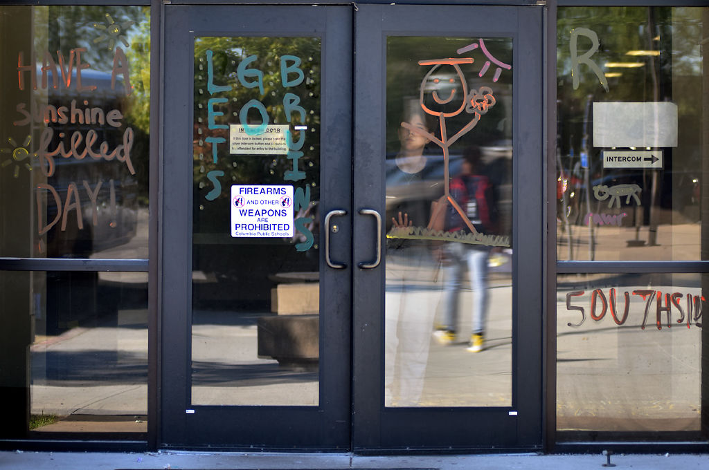 The doors outside of Rock Bridge High are decorated with positive messages